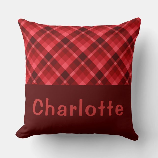 Cojín Decorativo Pretty Ruby Red Plaid Monogram Big Throw Pillow (Anverso)