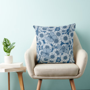 Cojín Decorativo Primavera azul, flores silvestres, margaritas