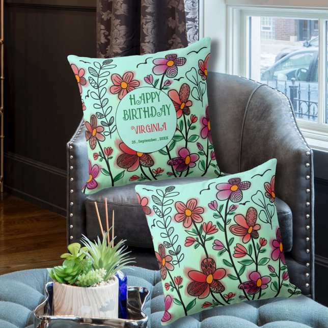 COJÍN DECORATIVO PRIMAVERA ÚNICA DOODLE ROJO FLORES CUMPLEAÑOS (Subido por el creador)