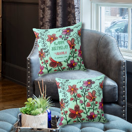COJÍN DECORATIVO PRIMAVERA ÚNICA DOODLE ROJO FLORES CUMPLEAÑOS