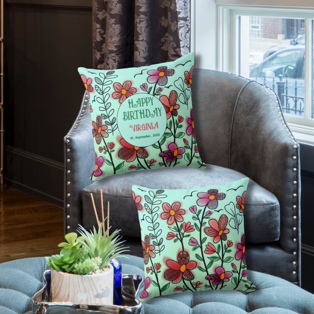 COJÍN DECORATIVO PRIMAVERA ÚNICA DOODLE ROJO FLORES CUMPLEAÑOS (Subido por el creador)