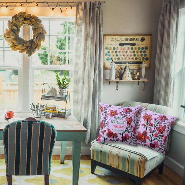 COJÍN DECORATIVO PRIMAVERA ÚNICA DOODLE ROJO FLORES CUMPLEAÑOS (Subido por el creador)