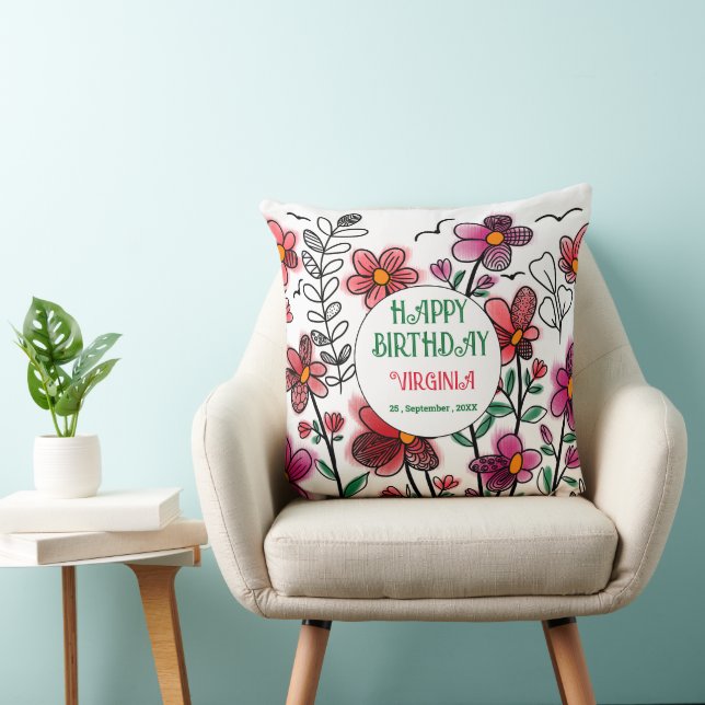 COJÍN DECORATIVO PRIMAVERA ÚNICA DOODLE ROJO FLORES CUMPLEAÑOS (Silla)