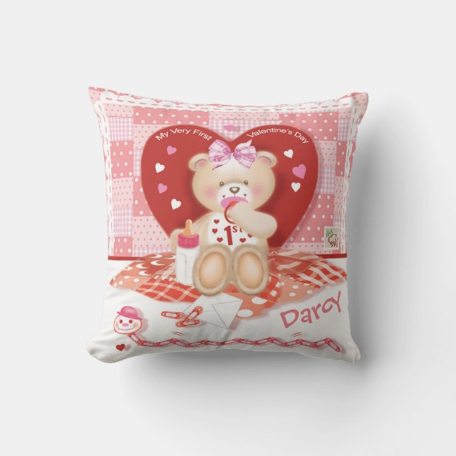 Cojín Decorativo Primera El día de San Valentín bebé niña (Anverso)