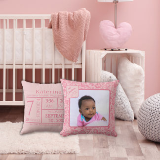 Cojín Decorativo Primera Navidad de la Bebé Foto Toile Rosa