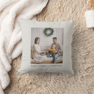 Cojín Decorativo Primera Navidad del Bebé Foto Familiar en Lino Fal