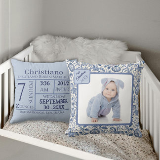 Cojín Decorativo Primera Navidad Niño Foto Azul Toile