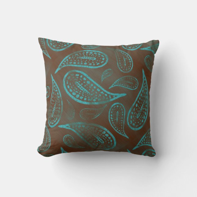 Cojín Decorativo Primitiva turquesa paisley perenne y marrón (Anverso)