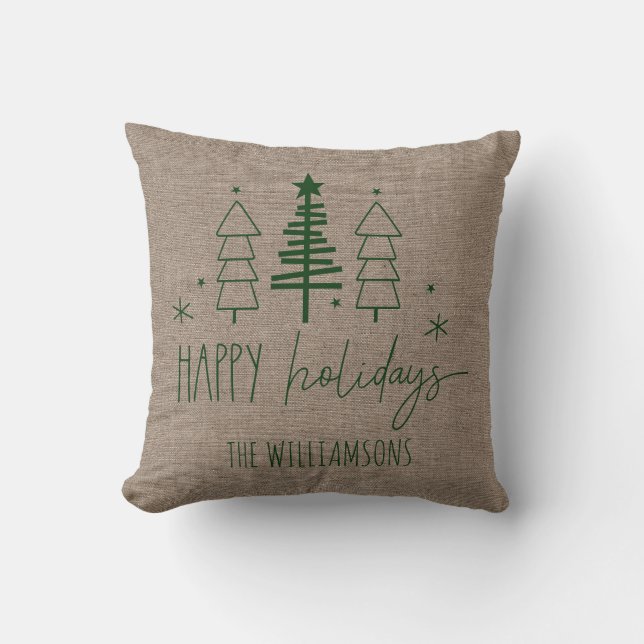 Cojín Decorativo Primitive Country Trees Happy Holidays Family Name (Anverso)