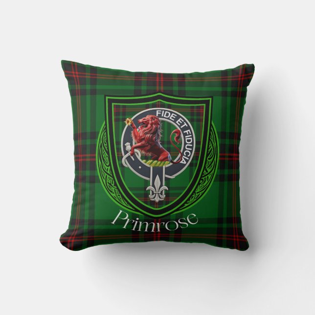 Cojín Decorativo Primrose Scottish Clan Tartan & Escudo (Anverso)