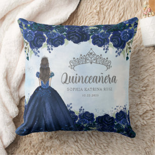 Cojín Decorativo Princesa Floral Azul Gris Tiara Quinceanera