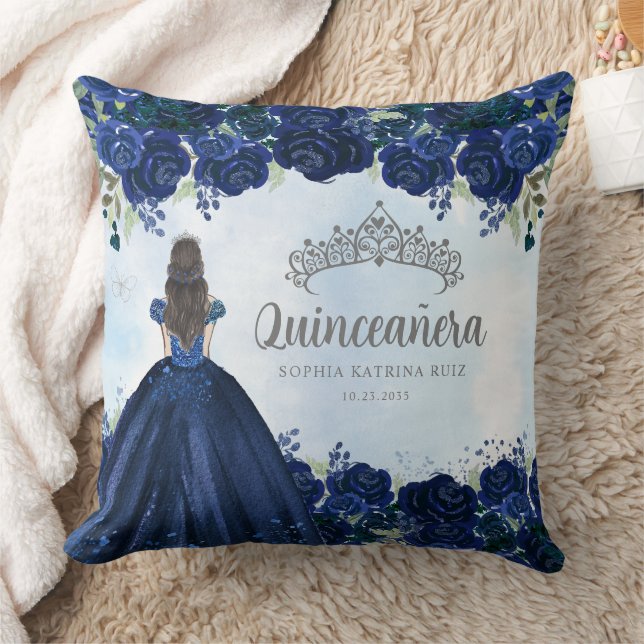 Cojín Decorativo Princesa Floral Azul Gris Tiara Quinceanera (Manta)