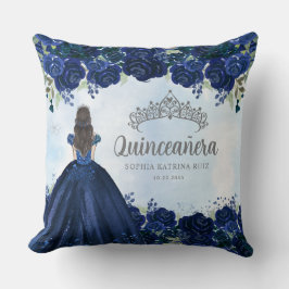 Cojín Decorativo Princesa Floral Azul Gris Tiara Quinceanera