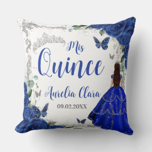 Cojín Decorativo Princesa Floral Azul Real Plata XV Quinceañera