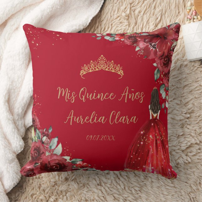 Cojín Decorativo Princesa Floral Roja Oro Quinceañera Keepsake (Manta)
