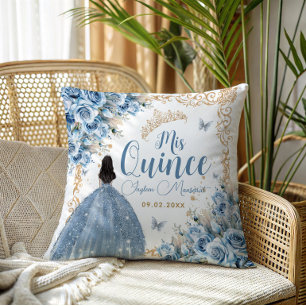 Cojín Decorativo Princesa Quinceañera Azul Bebé Mariposa Dorada