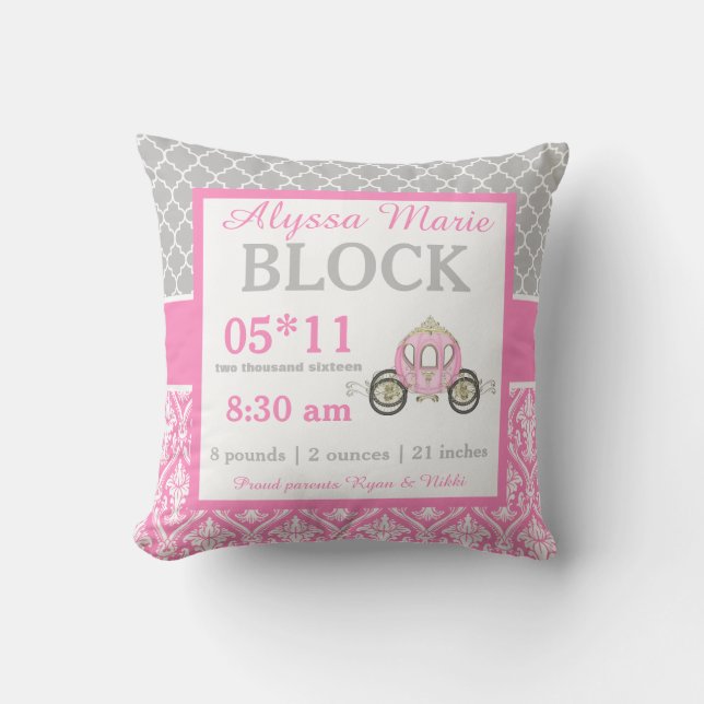 Cojín Decorativo Princesa rosada gris Baby Announcement Pillow (Anverso)