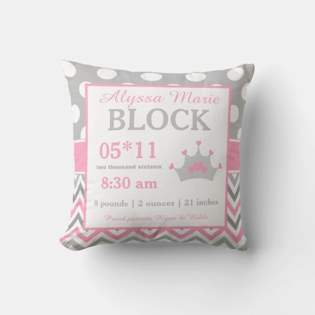 Cojín Decorativo Princesa rosada gris Baby Announcement Pillow (Anverso)