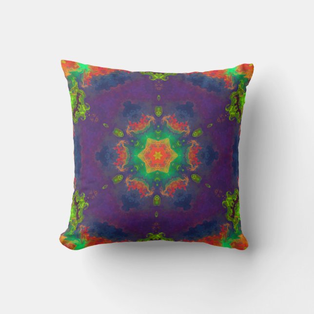 Cojín Decorativo Psicodelia Hippie Naranja Púrpura y Verde (Anverso)