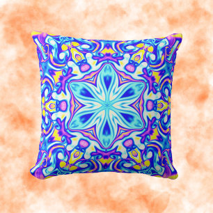 Cojín Decorativo Psicodelia Mandala Flor azul morado y amarillo