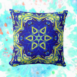 Cojín Decorativo Psicodelia Mandala Flor azul y amarillo