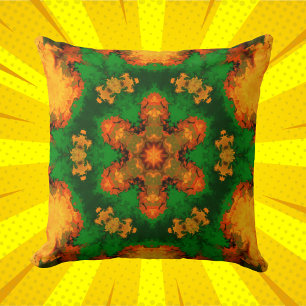 Cojín Decorativo Psicodelia Mandala Flor Verde Naranja y Amarillo
