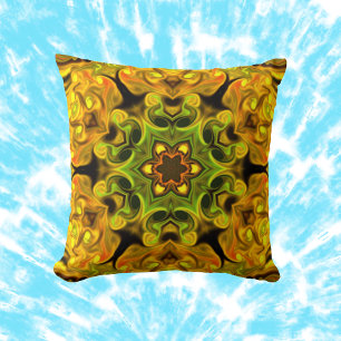 Cojín Decorativo Psicodélico Mandala Flor Verde y Amarillo