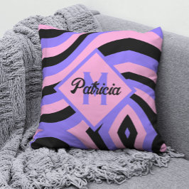 Cojín Decorativo Psicodélico rosado y púrpura de los años 70 negro