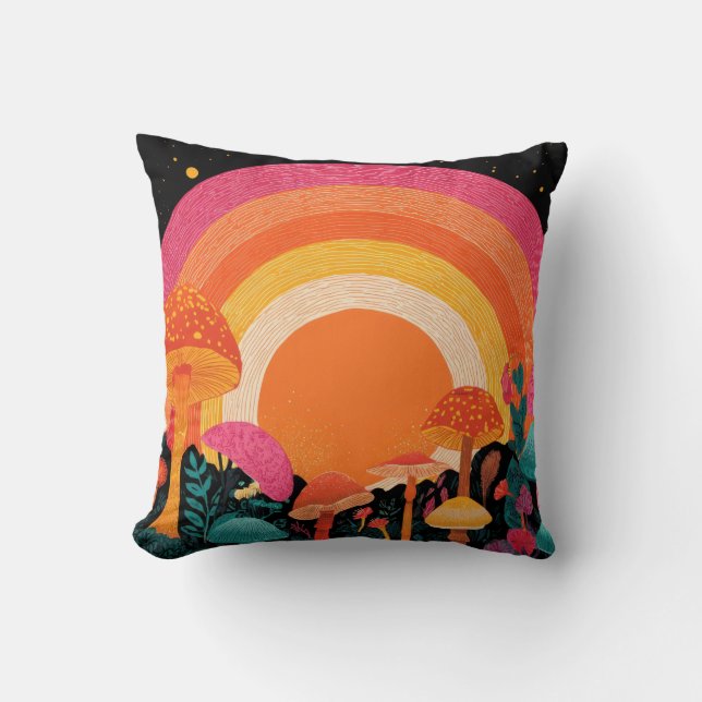 Cojín Decorativo Psychedelic Mushroom Sunset – Retro Fantasy Nature (Anverso)