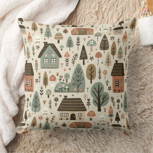 Cojín Decorativo Pueblo caprichoso con cabañas y árboles