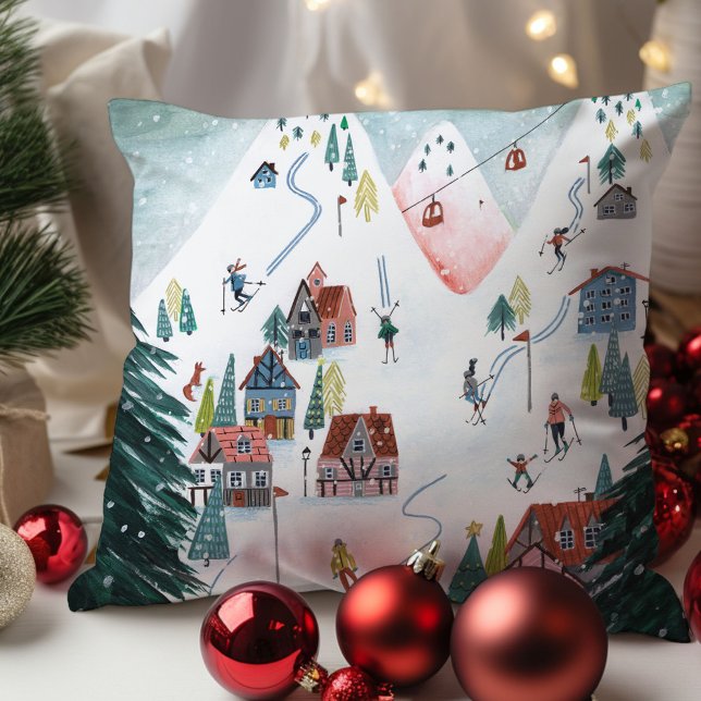 Cojín Decorativo Pueblo Cute Nórdico de Patinaje (Cute Nordic skating Village Throw Pillow)