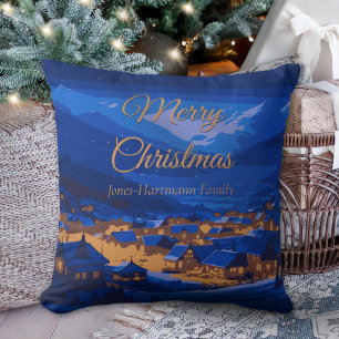 Cojín Decorativo Pueblo de Invierno Azul Dorado Navidad Familiar