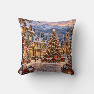 Cojín Decorativo Pueblo de Navidad Montaña Escena de Invierno