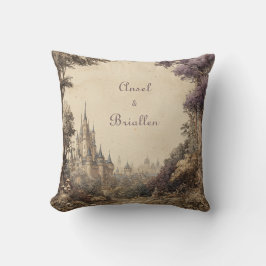 Cojín Decorativo Pueblo del Castillo Ilustrado Vintage Árbol Púrpur