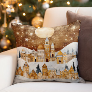 Cojín Decorativo Pueblo dorado vintage cubierto de nieve
