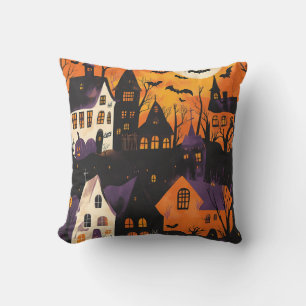 Cojín Decorativo Pueblo Embrujado Naranja Purpura Espeluznante Hall
