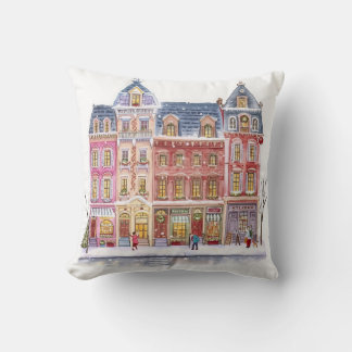 Cojín Decorativo Pueblo navideño de invierno en acuarela