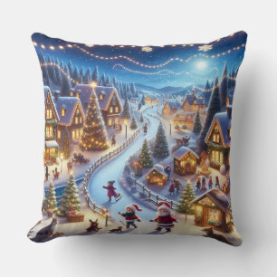 Cojín Decorativo Pueblo navideño invernal festivo de noche
