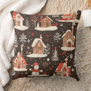 Cojín Decorativo Pueblo Navideño Nevado Marrón Oscuro Rojo Verde