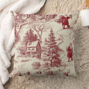 Cojín Decorativo Pueblo Navideño Vintage Toile Rojo - Santa