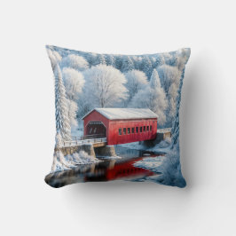 Cojín Decorativo Puente Rojo Cubierto En Bosque De Invierno