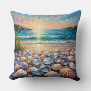 Cojín Decorativo Puesta de sol en el océano con conchas marinas y j