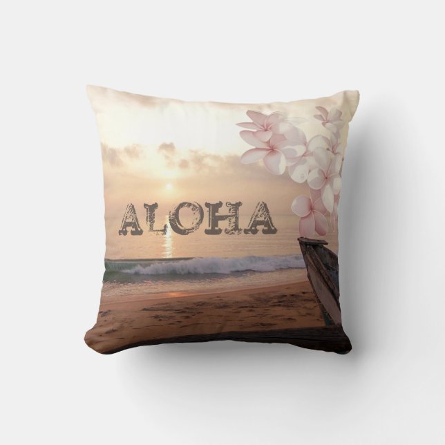 Cojín Decorativo Puesta de sol en la playa Plumeria, Aloha (Anverso)