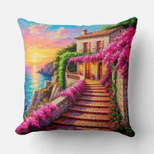 Cojín Decorativo Puesta de sol escénica sobre villa costera