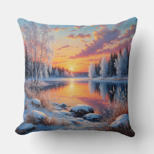 Cojín Decorativo Puesta de sol invernal serena sobre un bosque neva
