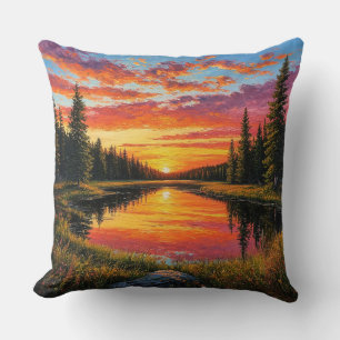 Cojín Decorativo Puesta de sol sobre el río tranquilo del bosque