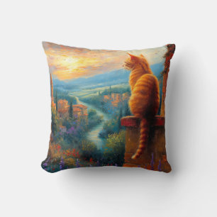 Cojín Decorativo Puesta de sol toscana con un gato jengibre