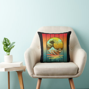 Cojín Decorativo Puesta de sol vintage ola japonesa de Kanagawa océ