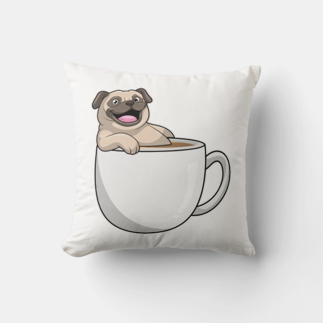 Cojín Decorativo Pug con taza de café (Anverso)