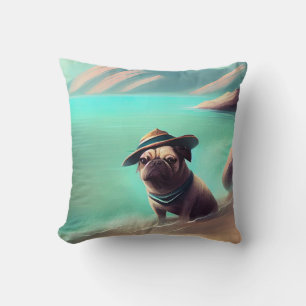 Cojín Decorativo Pug disfrutando en la playa pintando arte